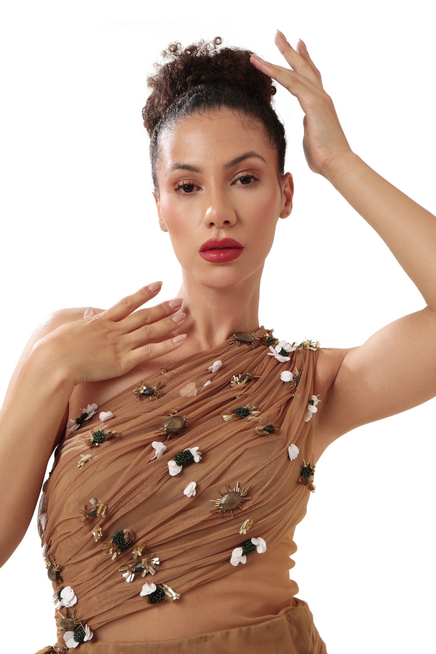 Modo Caldo Brown Gold Embroidered Satin Dress