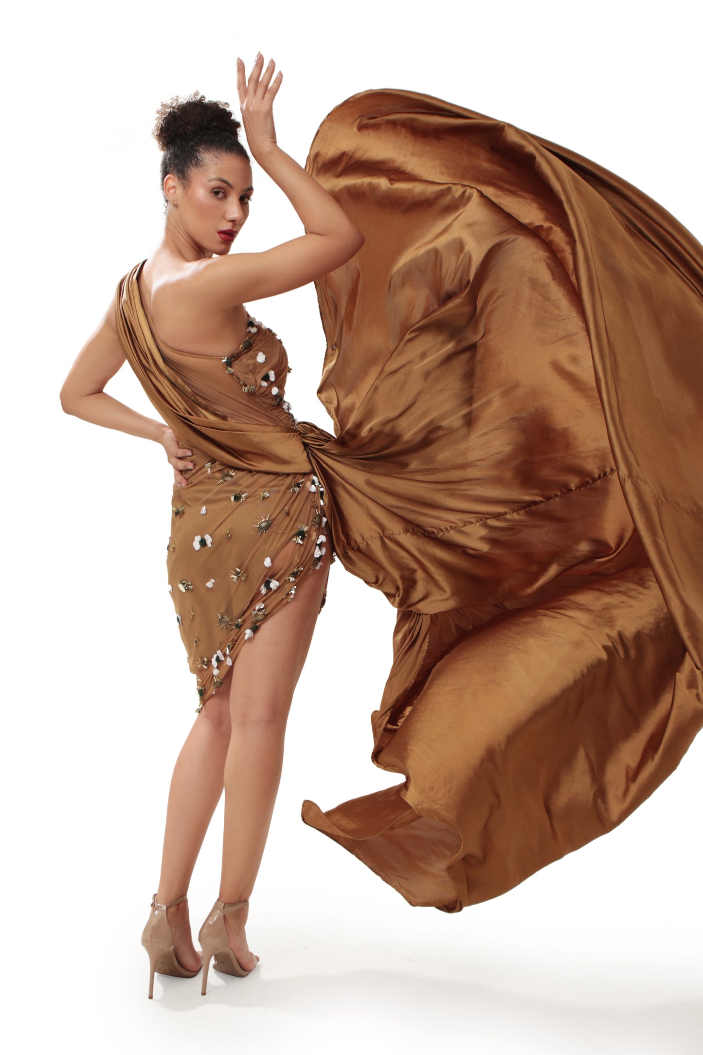 Modo Caldo Brown Gold Embroidered Satin Dress