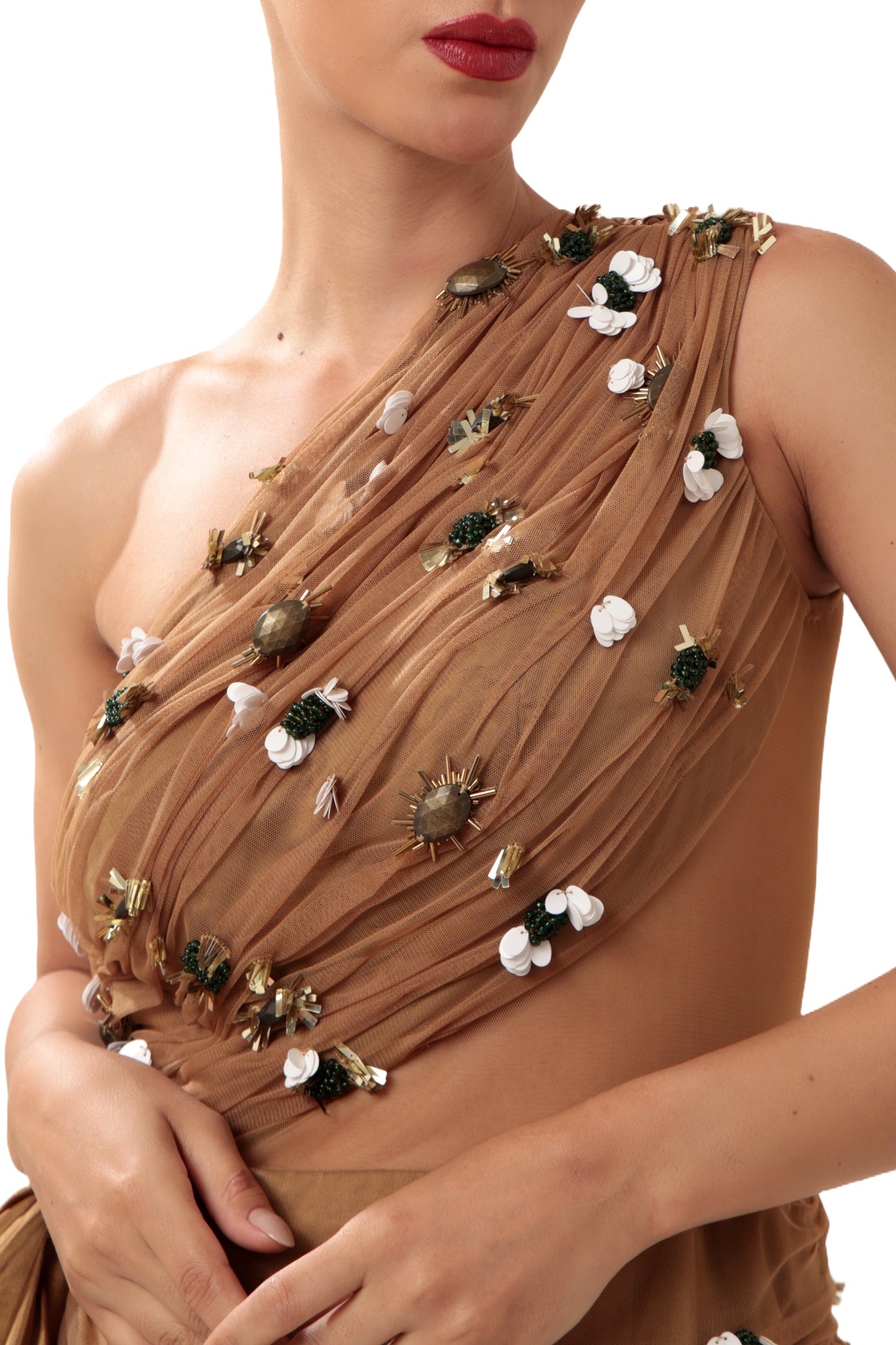 Modo Caldo Brown Gold Embroidered Satin Dress