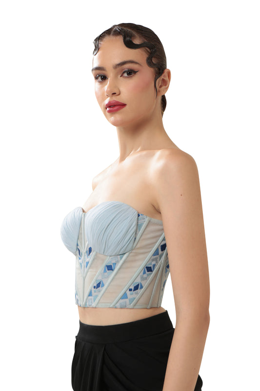 Modo Caldo powder blue off-shoulder sheer corset embroidered with geometric patterns for occasion and evening wear