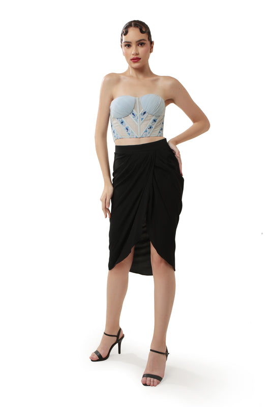 Modo Caldo powder blue off-shoulder sheer corset embroidered with geometric patterns for occasion and evening wear