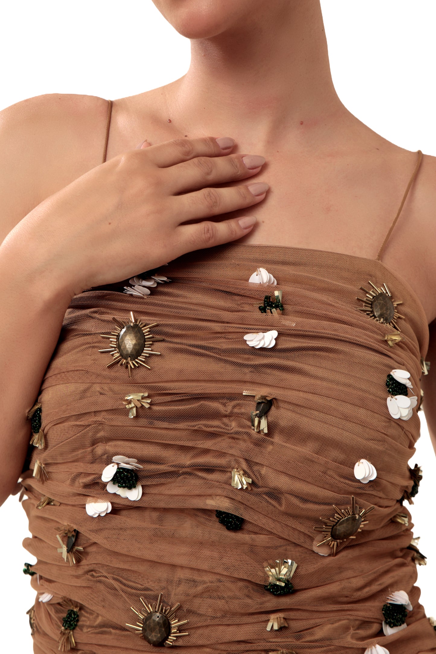Modo Caldo Brown Gold Embroidered Satin Gown