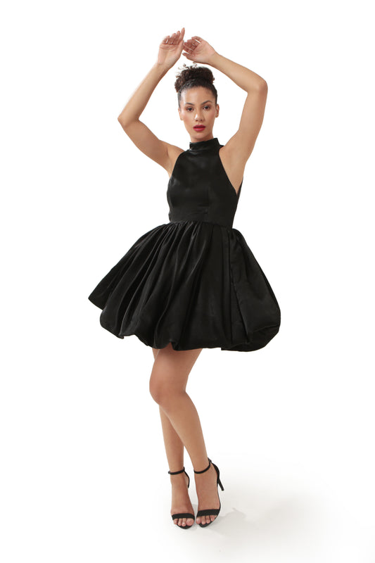 Modo Caldo black velvet satin short bubble dress with sheer draped net back for evening and party wear