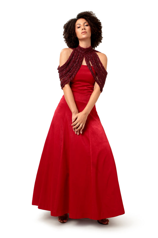 Modo Caldo red velvet satin A line flared gown with straight neck hand embroidery cape collar for evening cocktail wedding wear