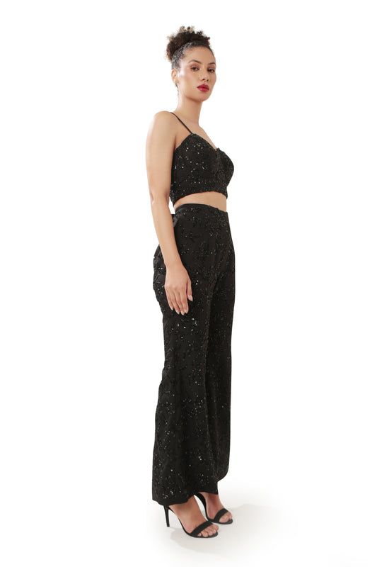 Modo Caldo embroidered black crop top with black bootcut pants for evening or occasion wear