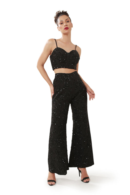 Modo Caldo black bootcut pants with hand embroidery for evening or occasion wear