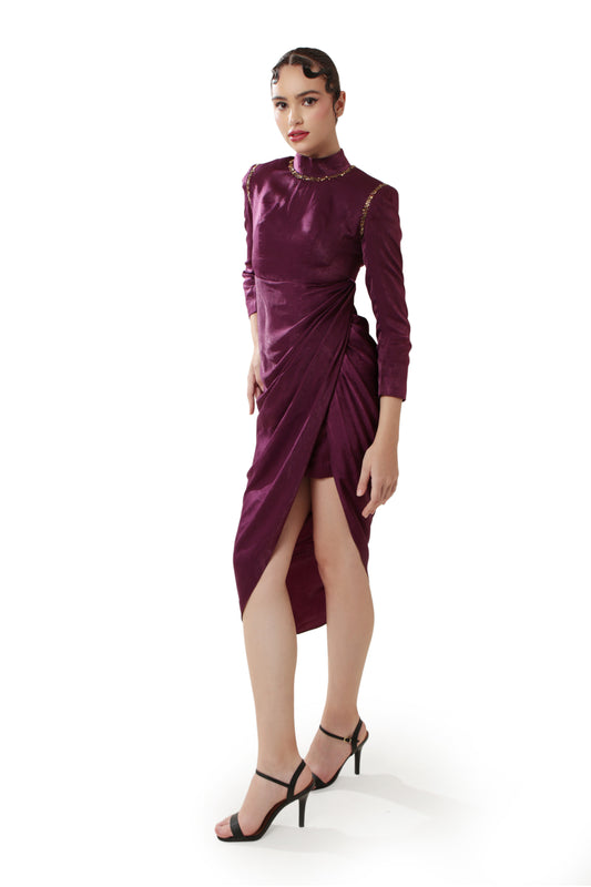 Modo Caldo purple asymmetric high low drape dress in velvet satin with turtle neck padded shoulders hand embroidery for occasion wear