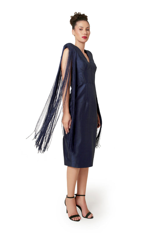 Modo Caldo navy blue corset calf length silk dress with long fringes V neck for evening and party wear