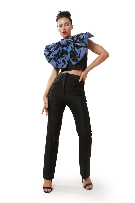 Modo Caldo blue embellished big satin bow with hand embroidery for party wear