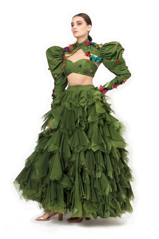 Modo Caldo Green embroidered lehenga with crop top paired with big tulle skirt