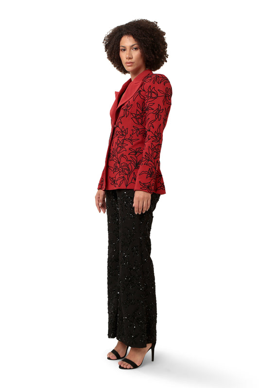 Modo Caldo red slim-fit blazer with padded shoulders and hand embroidery with black embroidered boot-cut pants for formal and evening wear
