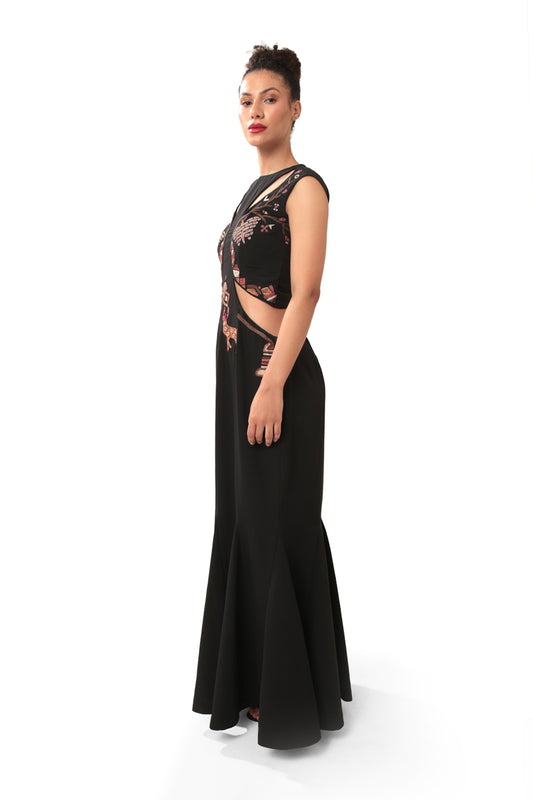 Modo Caldo black sleeveless bodycon gown with quirky design metallic embroidery and cut-outs with round neck for evening and casual wear