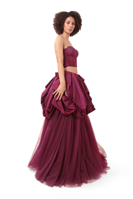Modo Caldo dark purple corset with bubble drape short skirt and net full skirt