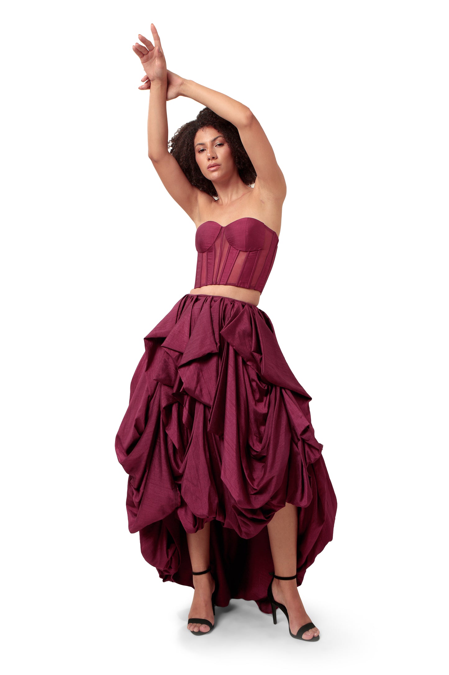 Modo Caldo dark purple silk net sheer corset with bubble skirt
