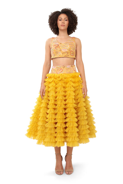 Modo Caldo yellow ruffled net lehenga and hand embellished crop top for mehendi haldi festive wear