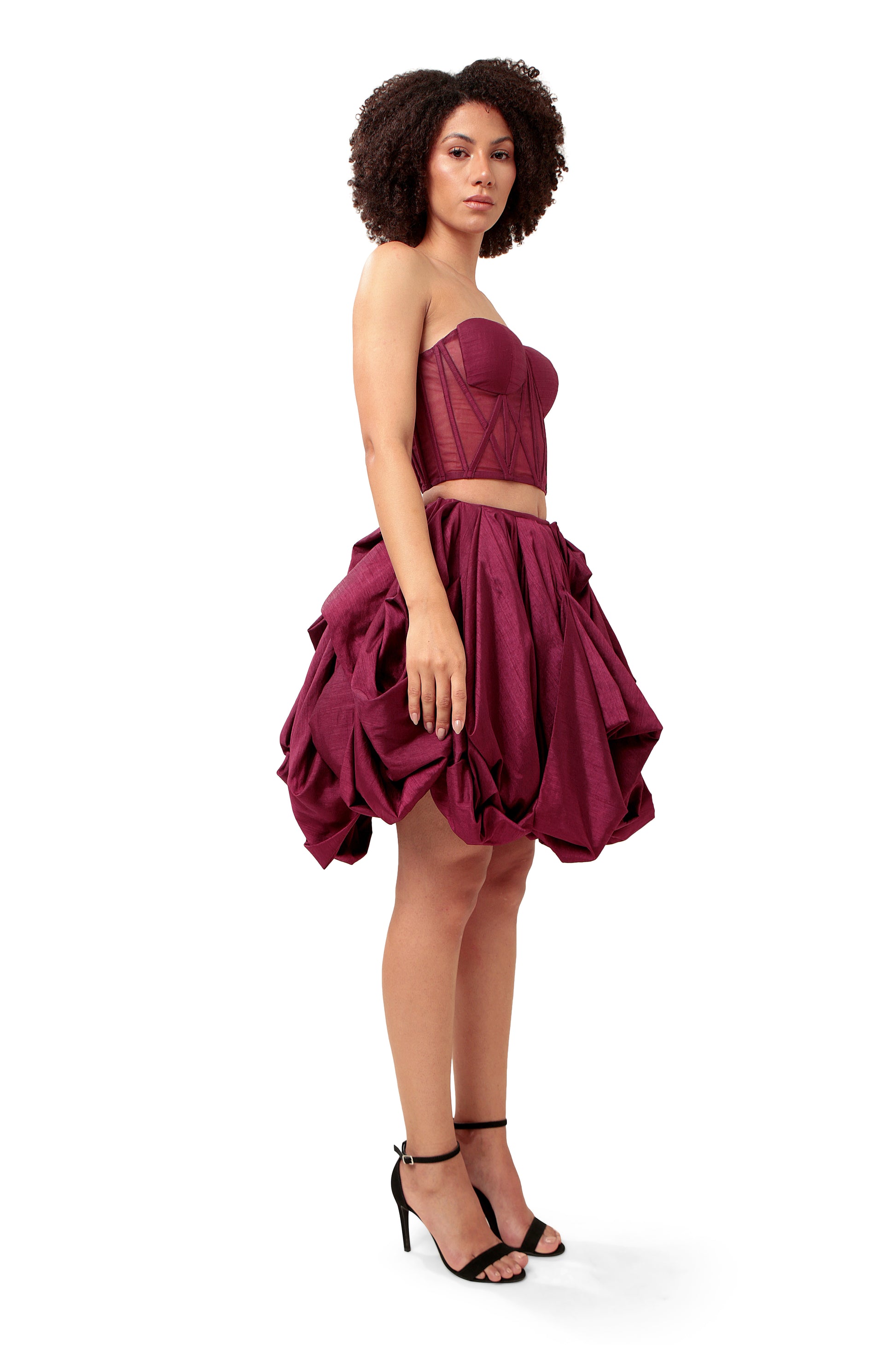 Modo Caldo dark purple silk net sheer corset with bubble skirt