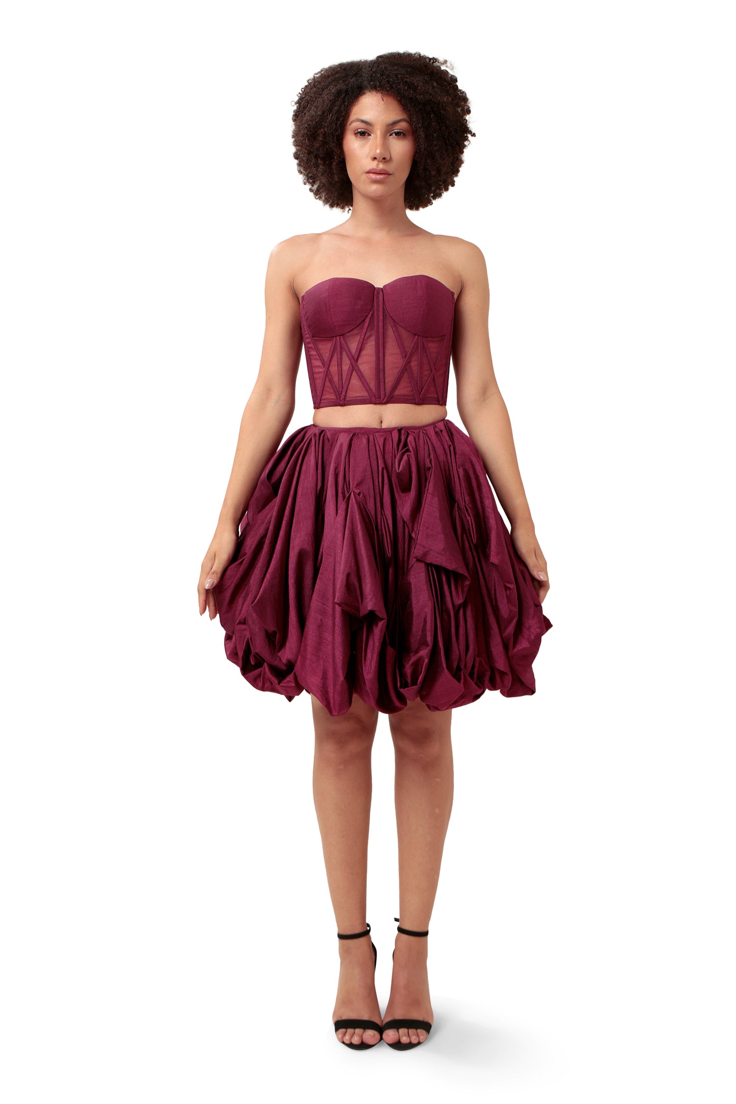 Modo Caldo dark purple silk net sheer corset with bubble skirt