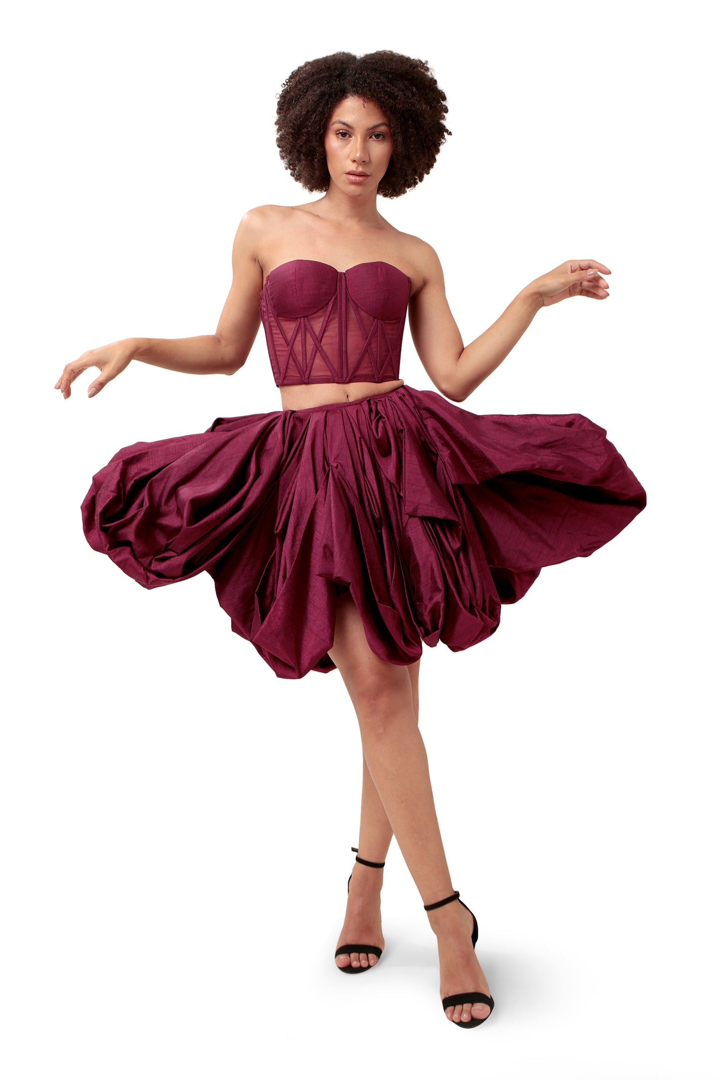 Modo Caldo dark purple silk net sheer corset with bubble skirt