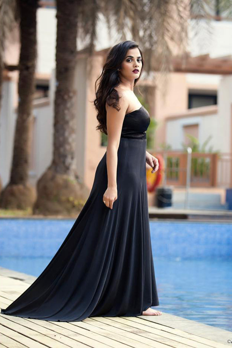 Bhagyashree Borse in Modo Caldo black off-shoulder A-line maxi dress for formal and pageant events