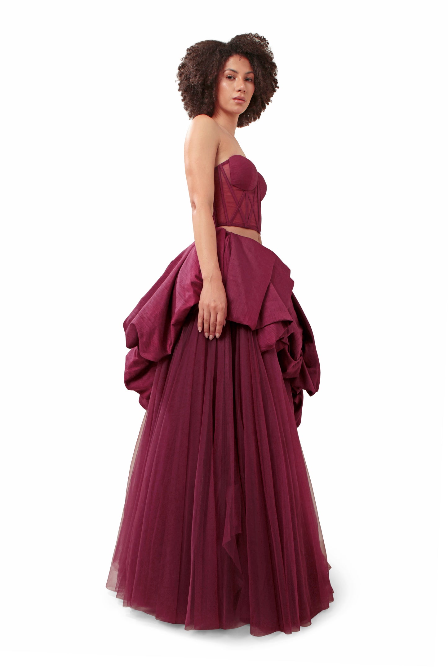 Modo Caldo dark purple silk net sheer corset with bubble short skirt and net long skirt