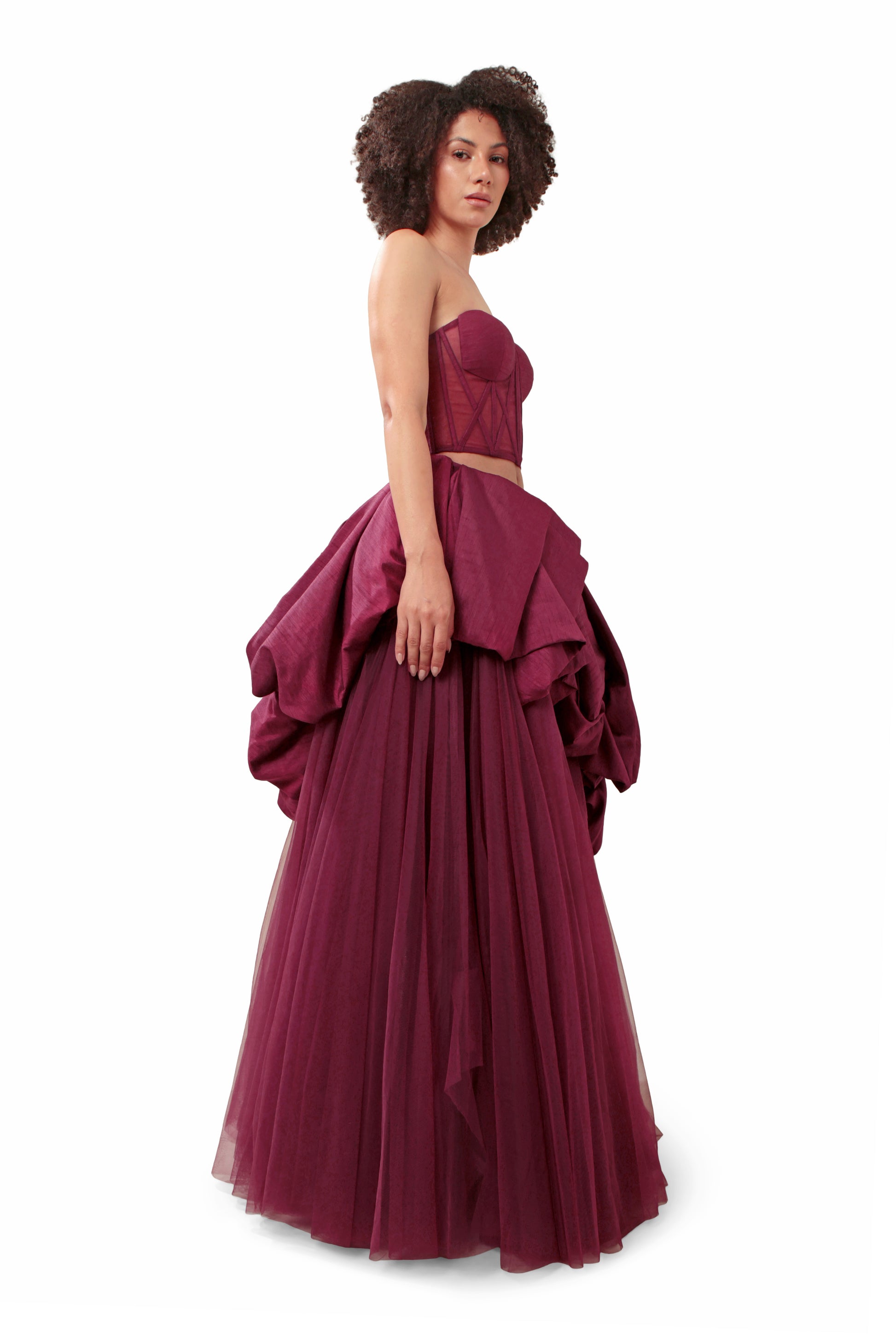 Modo Caldo dark purple silk net sheer corset with bubble short skirt and net long skirt