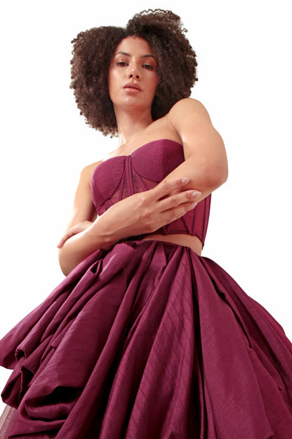Modo Caldo dark purple silk net sheer corset with bubble short skirt and net long skirt
