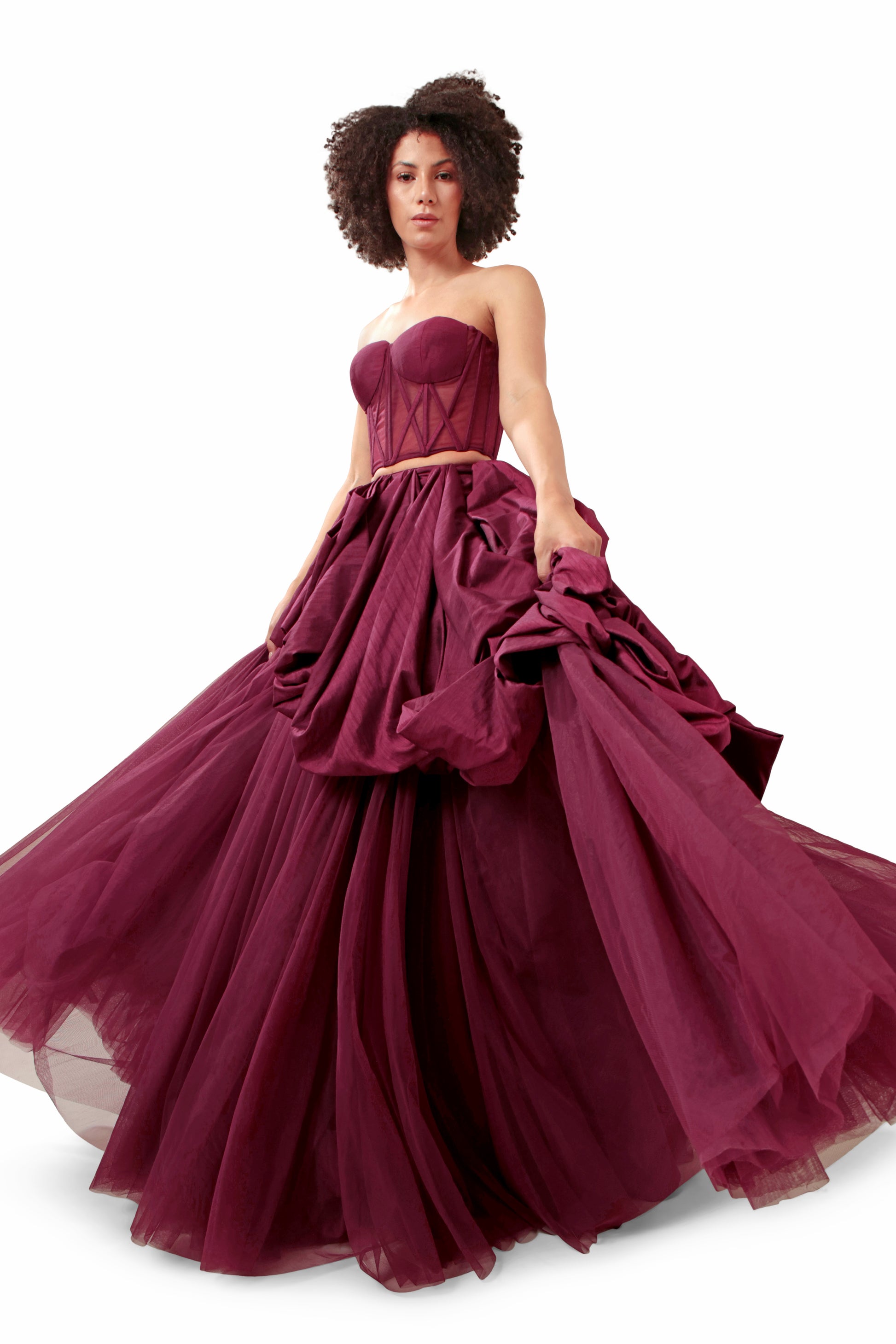 Modo Caldo dark purple silk net sheer corset with bubble short skirt and net long skirt