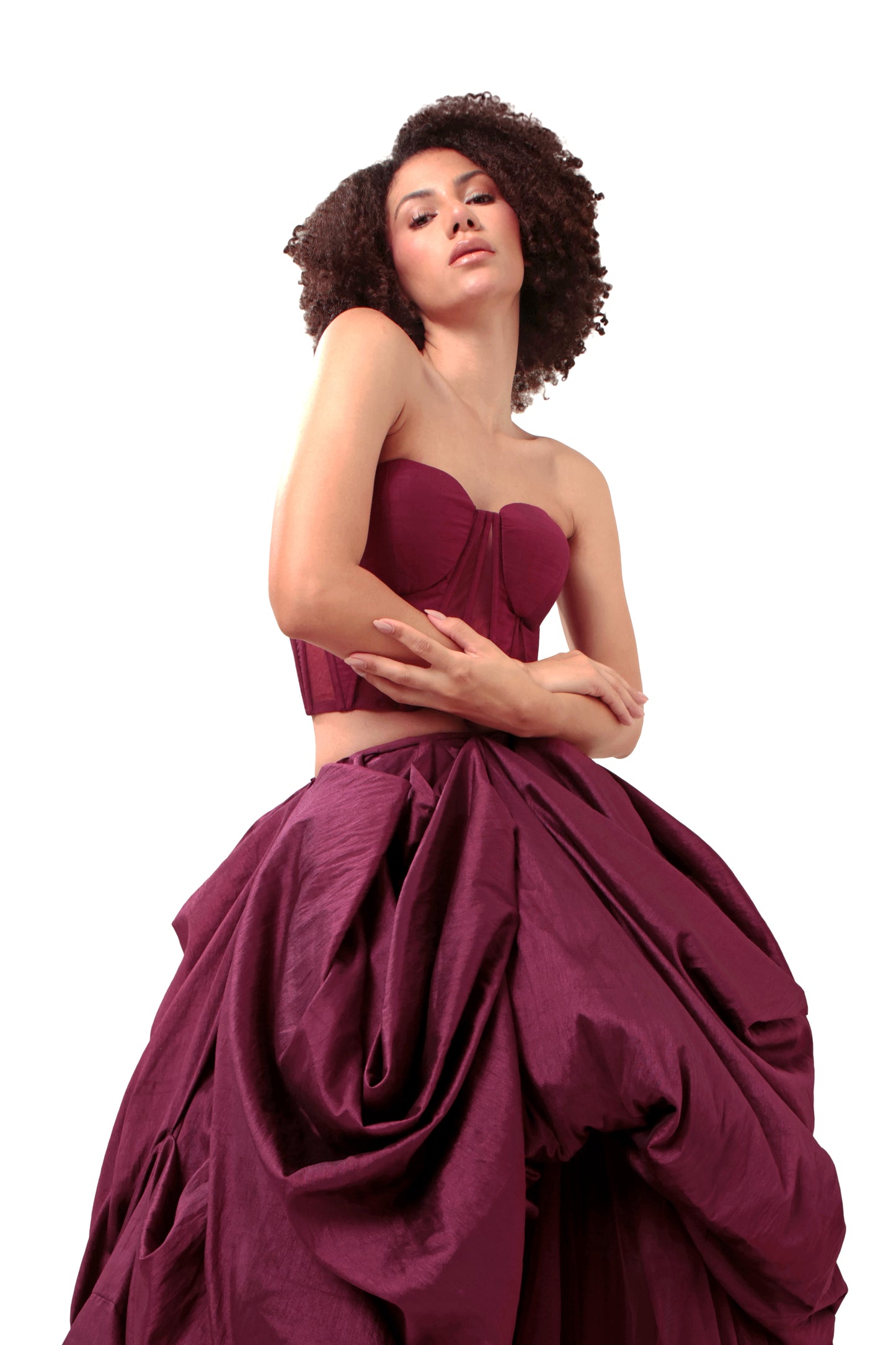 Modo Caldo dark purple silk net sheer corset with bubble draped short skirt and net full skirt