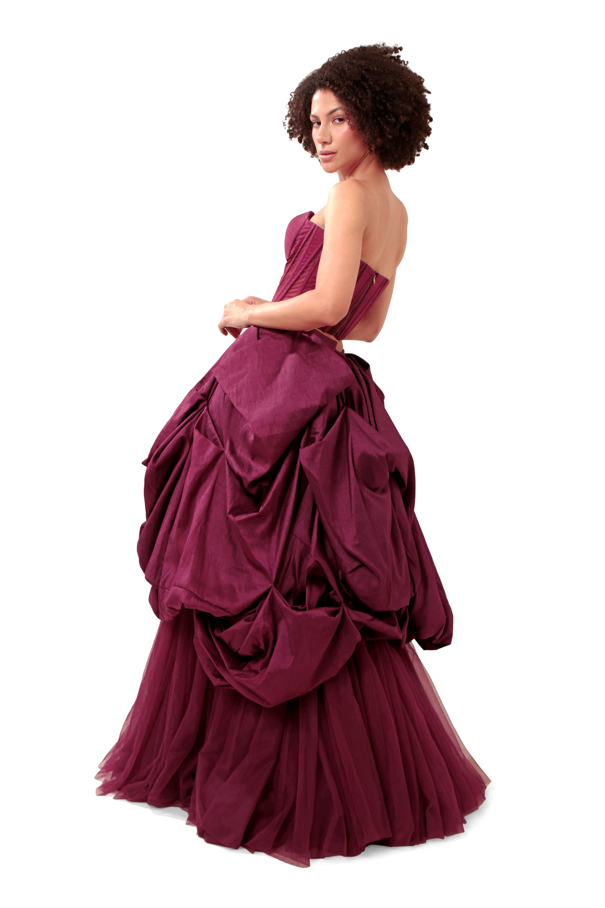 Modo Caldo dark purple silk net sheer corset with bubble draped short skirt and net full skirt