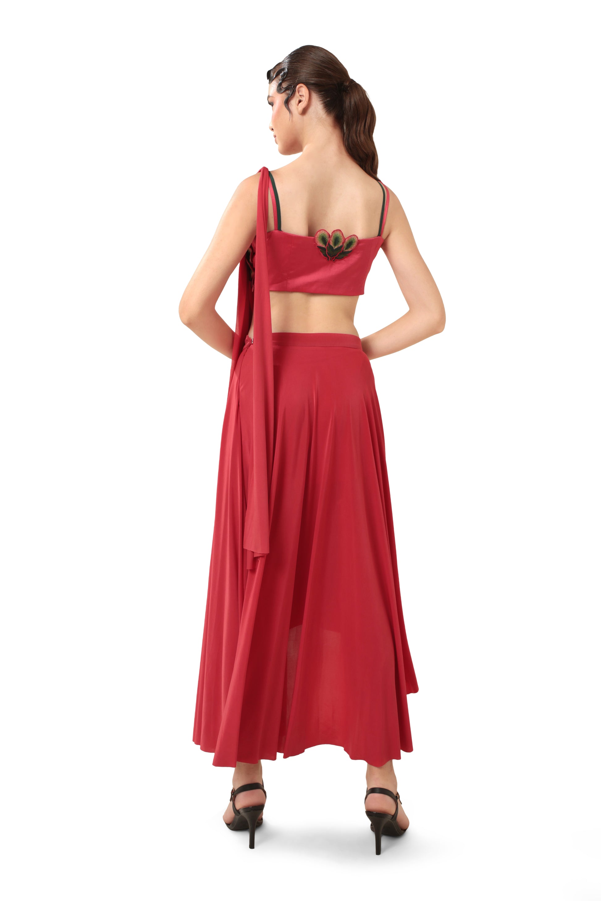 Modo Caldo Red blouse with 3D peacock feathers with a matching pre drape saree for pageant and festive occasions
