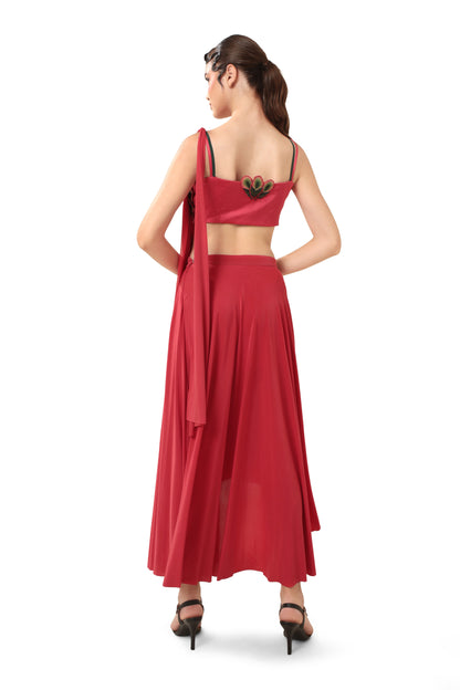 Modo Caldo Red blouse with 3D peacock feathers with a matching pre drape saree for pageant and festive occasions