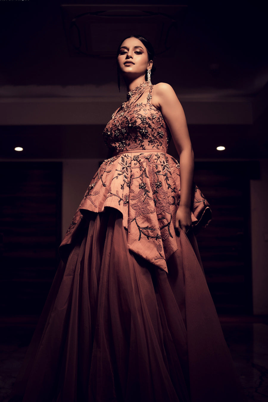 Ekta Singh in Modo Caldo pink peplum top and flowing tulle skirt with floral dori embroidery for Miss International Supermodel