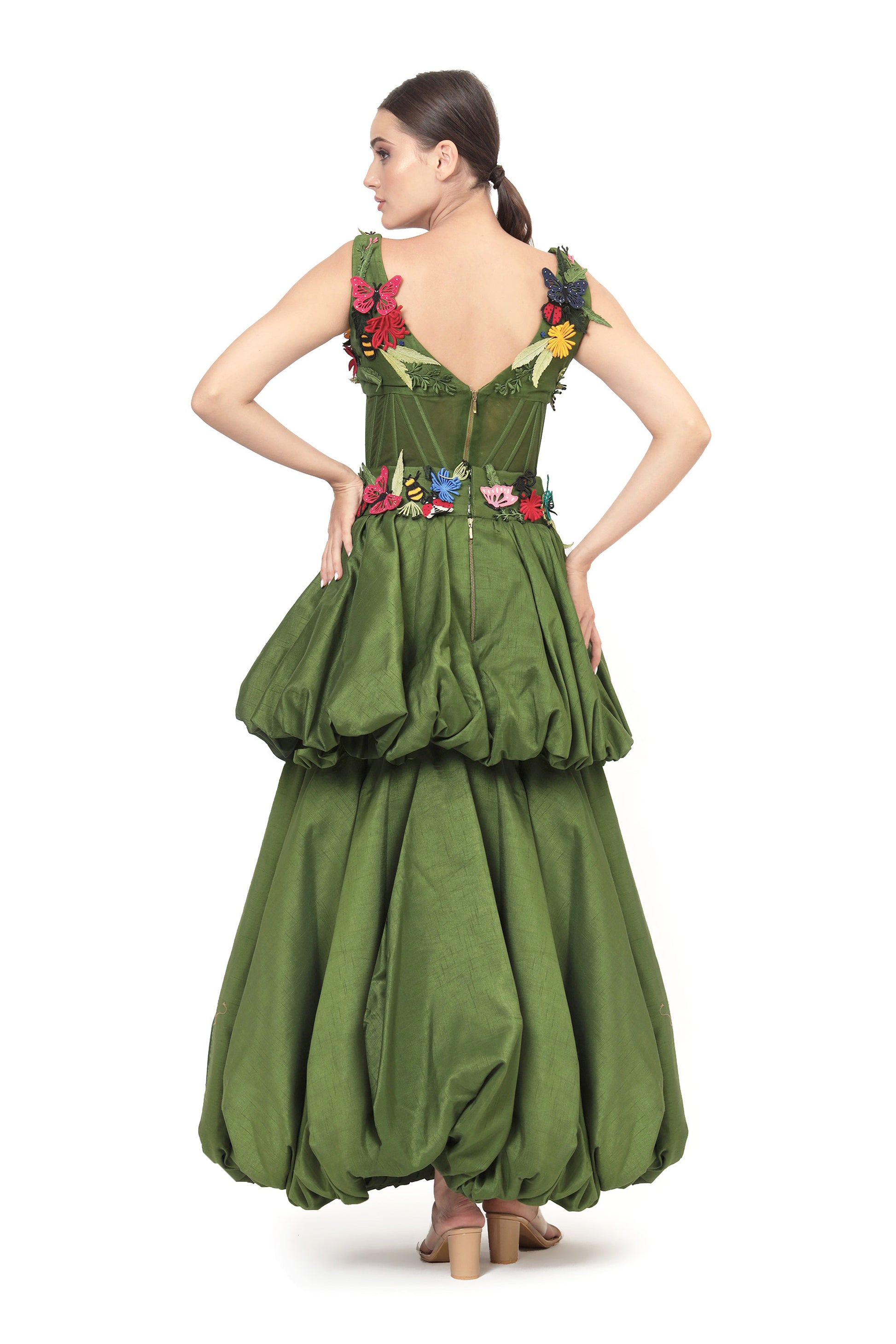 Modo Caldo Green Silk Embroidered corset top with green balloon skirt