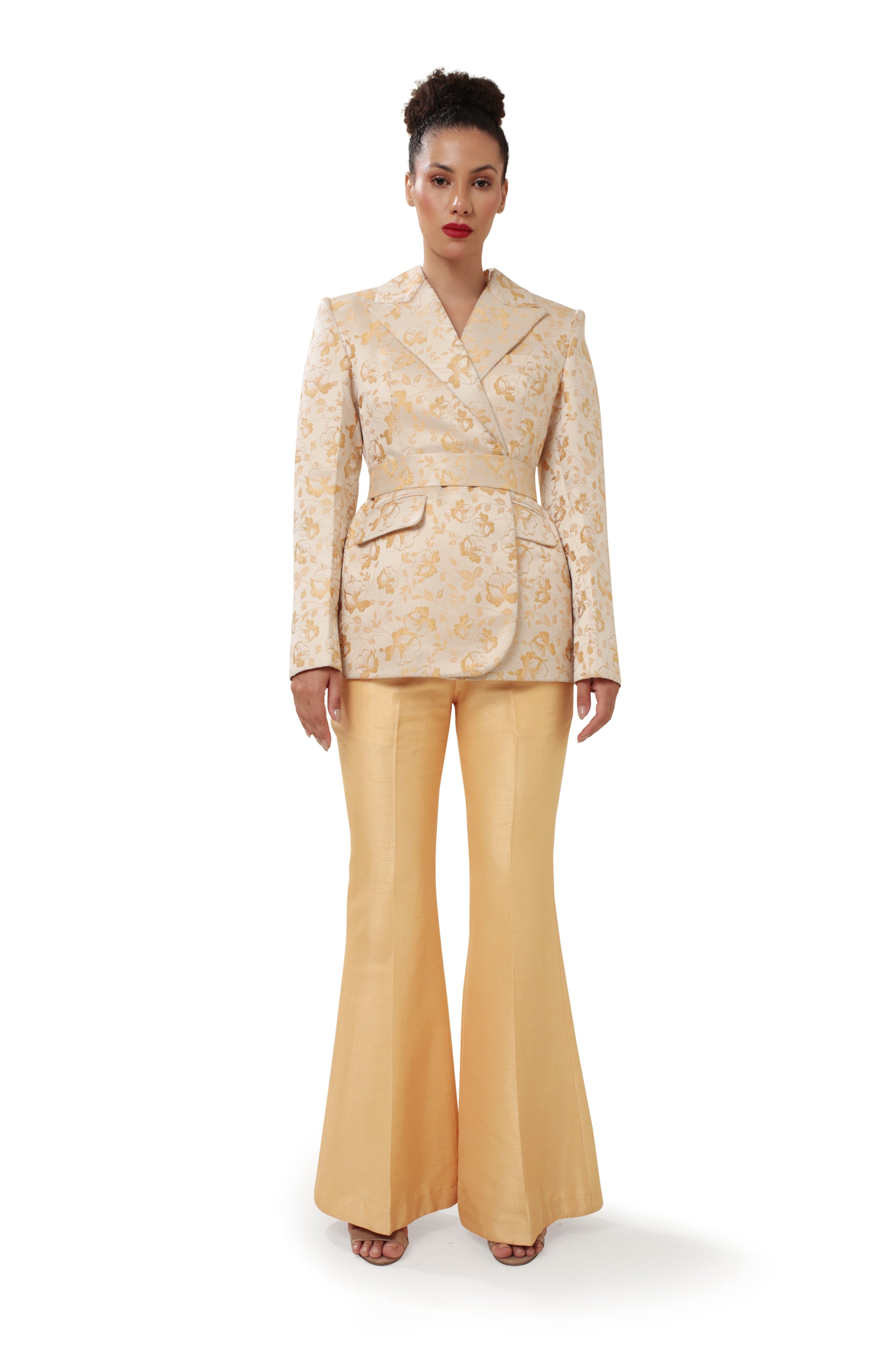 Modo Caldo Sustainable embroidered Silk Yellow Gold Blazer with silk yellow flared pants
