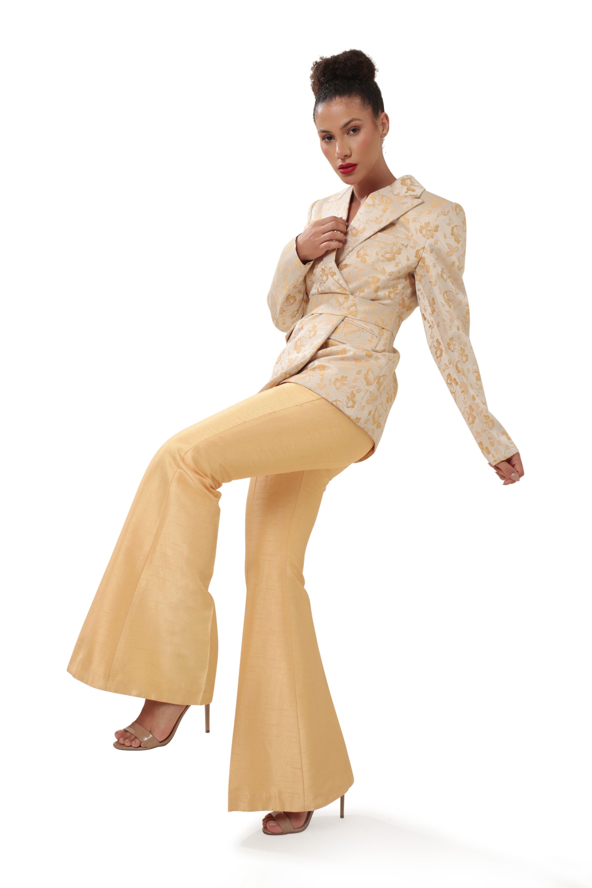 Modo Caldo Sustainable embroidered Silk Yellow Gold Blazer with silk yellow flared pants