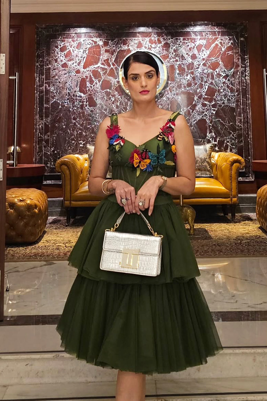 Avantika Tokas Midha in Modo Caldo green corset top with quirky embellishments and two-tiered tulle skirt for festive and casual wear