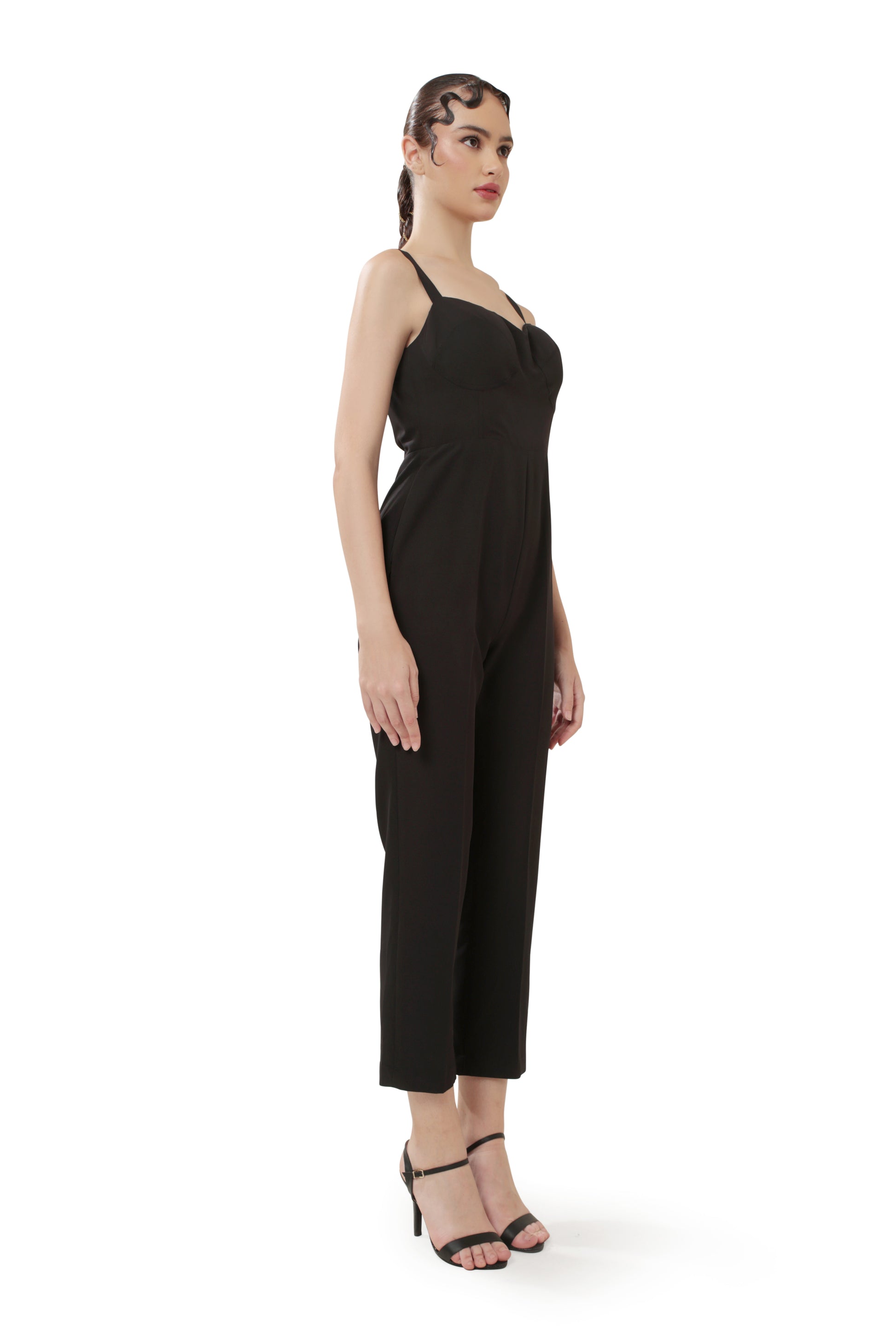 Modo Caldo black jumpsuit in georgette with sweetheart neck interesting back for evening wear