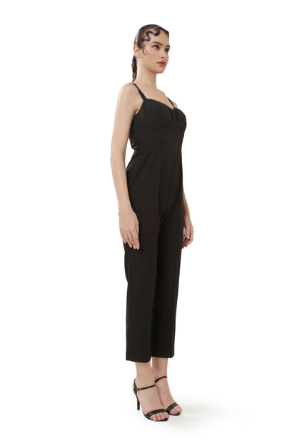 Modo Caldo black jumpsuit in georgette with sweetheart neck interesting back for evening wear