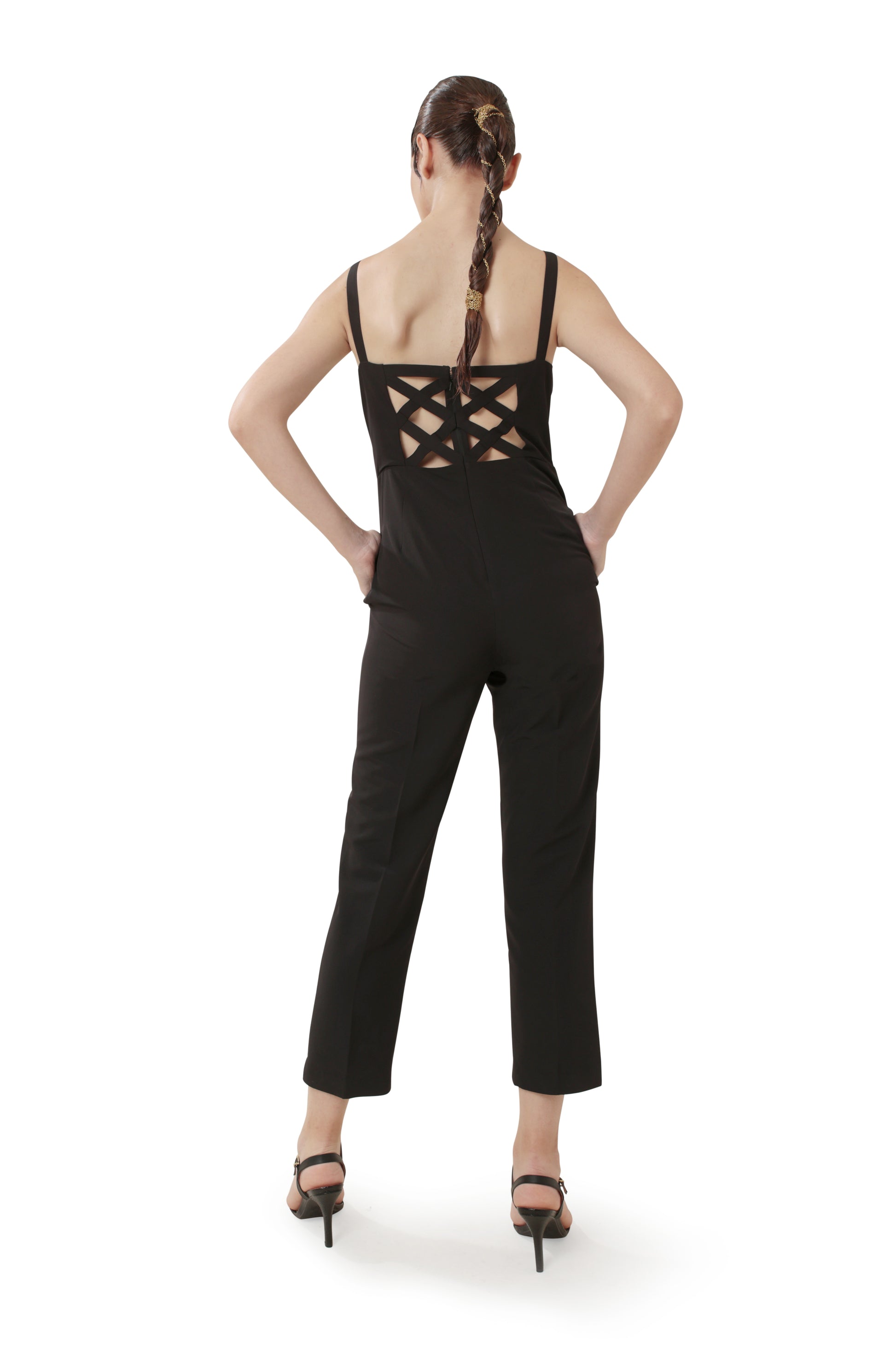 Modo Caldo black jumpsuit in georgette with sweetheart neck interesting back for evening wear