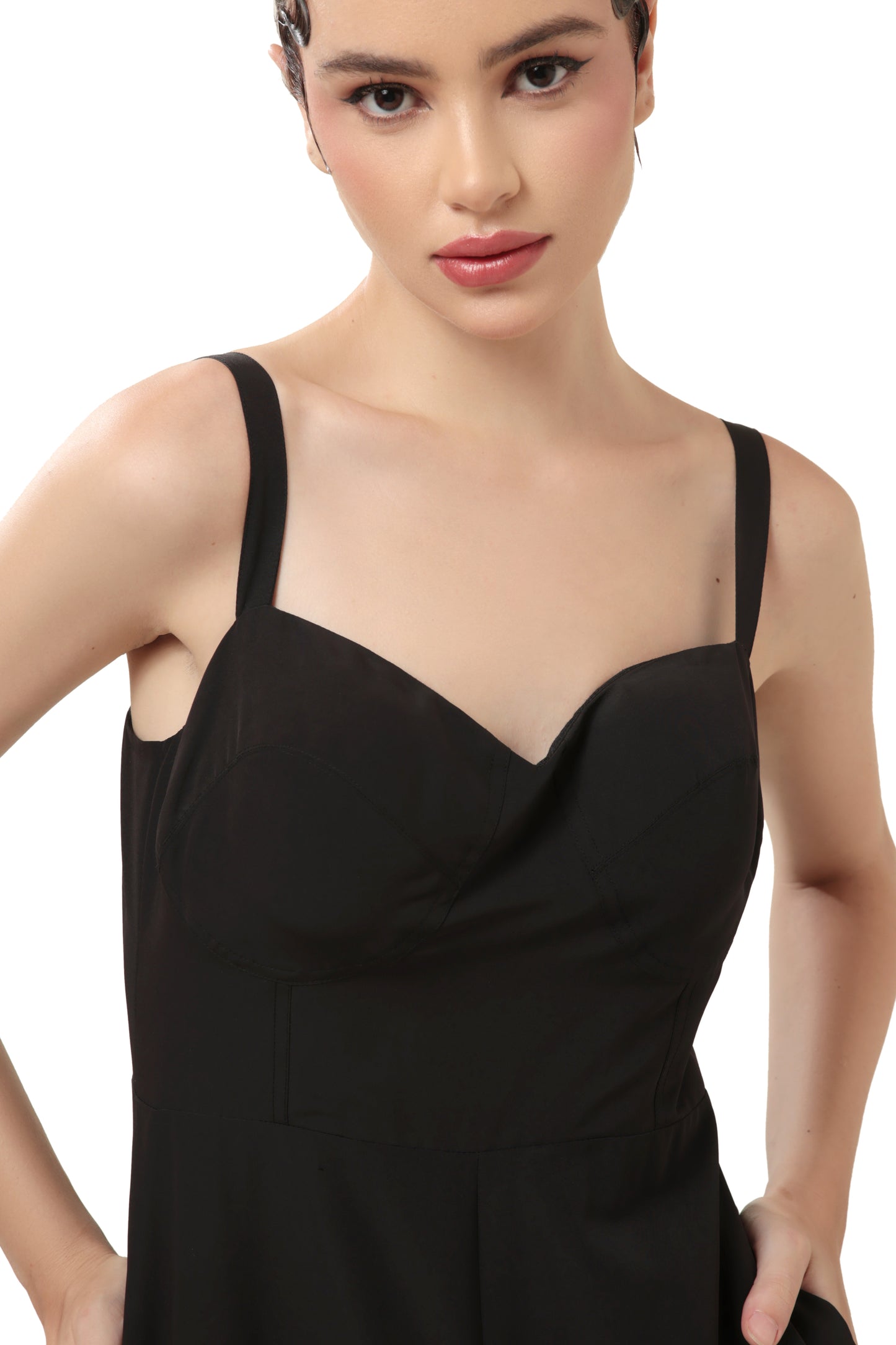 Modo Caldo black jumpsuit in georgette with sweetheart neck interesting back for evening wear