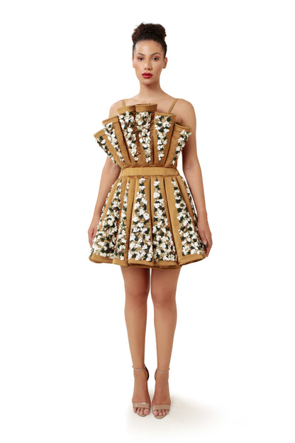 Modo Caldo Brown Gold Embroidered hourglass Satin Dress 