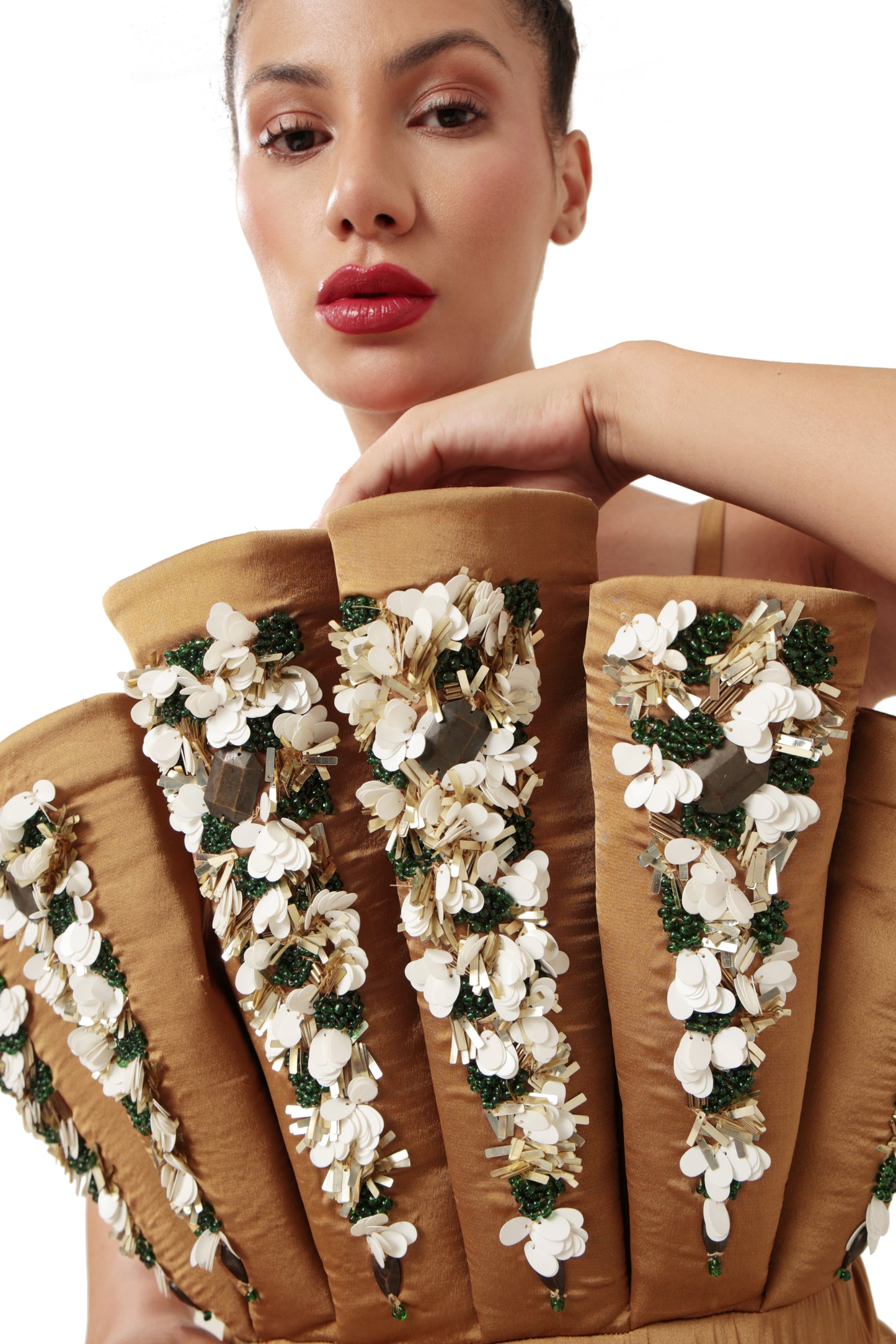 Modo Caldo Brown Gold Embroidered hourglass Satin Dress 
