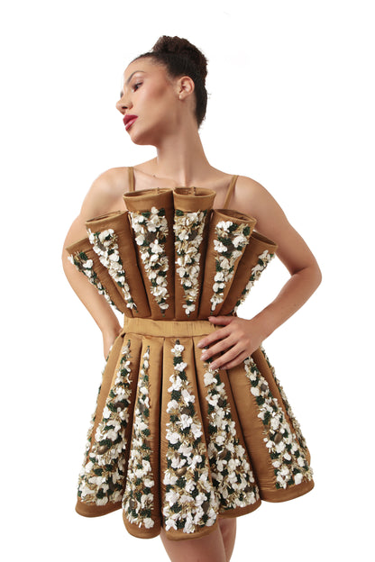 Modo Caldo Brown Gold Embroidered hourglass Satin Dress 