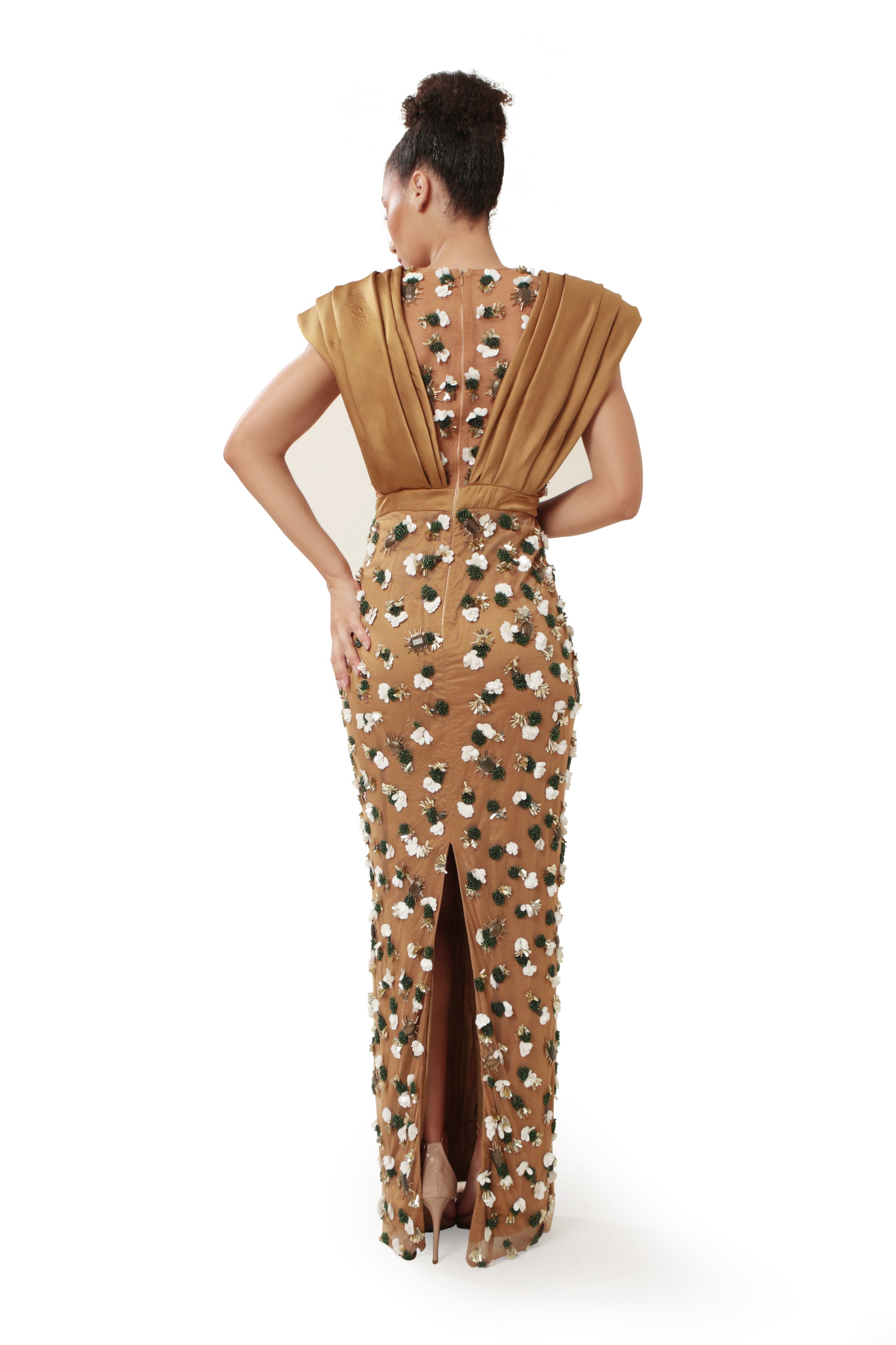 Modo Caldo Brown Gold Embroidered One Off-shoulder Satin Gown