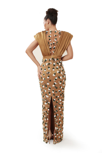 Modo Caldo Brown Gold Embroidered One Off-shoulder Satin Gown