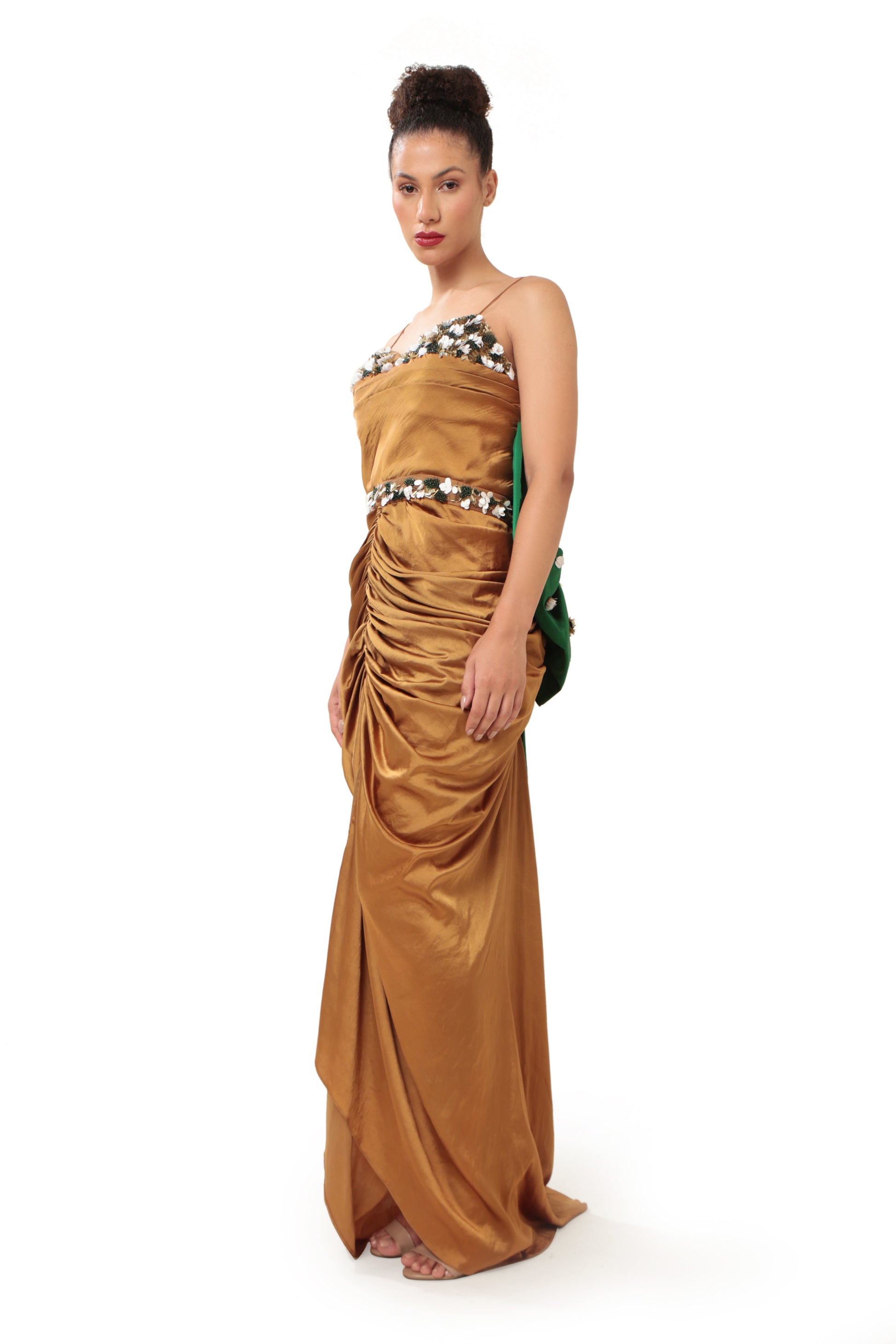 Modo Caldo Brown Gold Embroidered Satin Gown with Bow