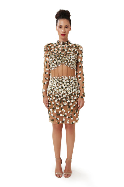 Modo Caldo Brown Gold Corset Embroidered Satin Short Dress 