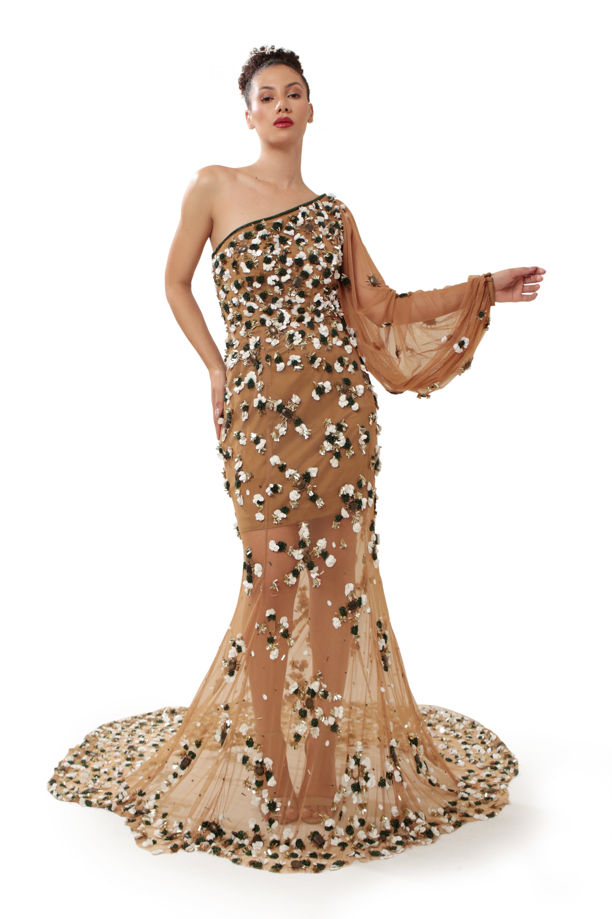 Modo Caldo Brown Gold Embroidered Satin Floor-Length Gown