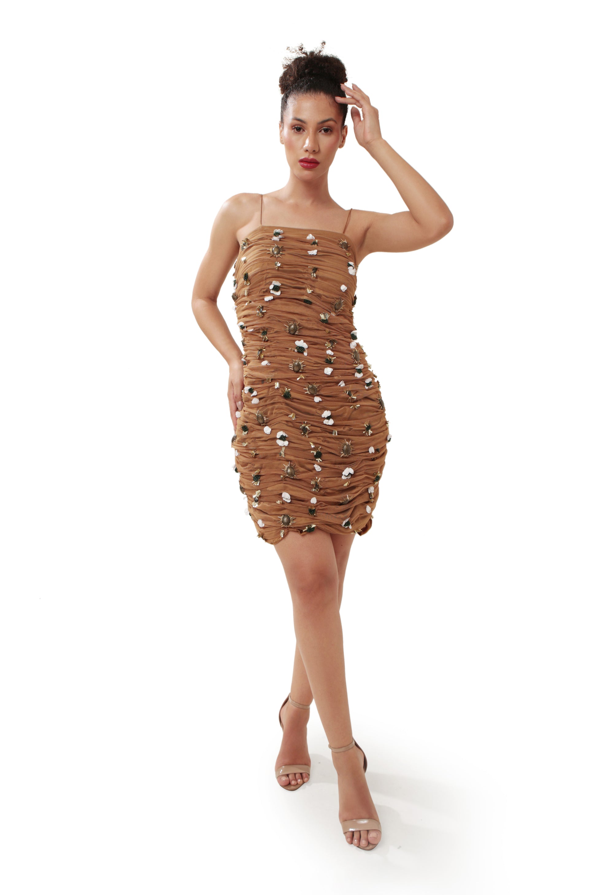 Modo Caldo Brown Gold Embroidered Satin Gown
