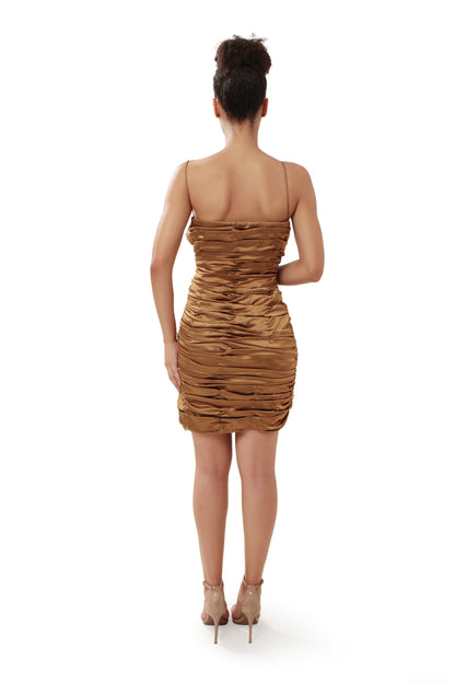 Modo Caldo Brown Gold Embroidered Satin Gown